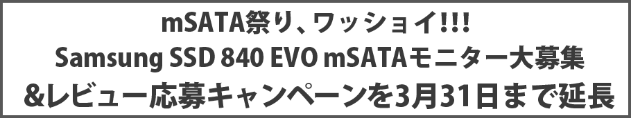 mSATA祭り、ワッショイ！！！ Samsung SSD 840 EVO mSATAモニター大募集 ＆レビュー応募キャンペーンを3月31日まで延長 