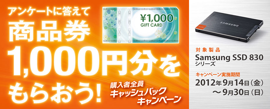 Samsung SSD 830シリーズ購入者対象「アンケートに答えて1,000円もらおうキャッシュバックキャンペーン」を開催※本キャンペーンは終了しました image