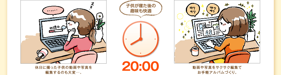 20:00 動画や写真をサクサク編集てお手軽アルバムづくり。子供が寝た後の趣味も快適