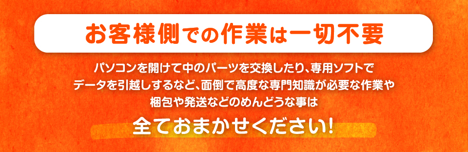 お客様側での作業は一切不要パソコンを開けて中のパーツを交換したり、専用ソフトでデータを引越しするなど、面倒で高度な専門知識が必要な作業や梱包や発送などのめんどうな事は全ておまかせください！