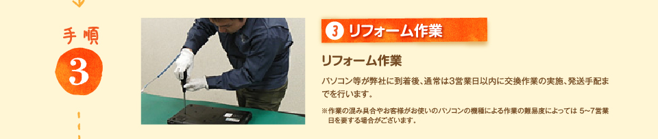 3.リフォーム作業 パソコン等が弊社に到着後、通常は3営業日以内に交換作業の実施、発送手配までを行います。 ※作業の混み具合やお客様がお使いのパソコンの機種による作業の難易度によっては 5～7営業日を要する場合がございます。