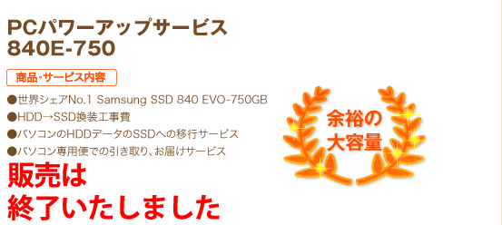 余裕の大容量 PCパワーアップサービス 840E-750 商品・サービス内容 ●世界シェアNo.1 Samsung SSD 840 EVO-750GB ●HDD→SSD換装工事費 ●パソコンのHDDデータのSSDへの移行サービス ●パソコン専用便での引き取り、お届けサービス 62,800円（税込）